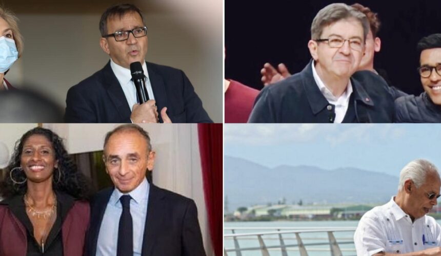 De gauche à droite et de haut en bas : Valérie Pécresse, présidente de Région Ile-de-France et candidate des Républicains (LR) à l'élection présidentielle, au côté du Guadeloupéen Patrick Karam vice-président de Région et porte-parole de la candidate. Jean-Luc Mélenchon député et candidat de La France insoumise (LFI) à l'élection présidentielle, au côté du Réunionnais Younou Omarjee députée européen LFI. Éric Zemmour candidat du parti Reconquête à l'élection présidentielle et la Guadeloupéenne Maxette Pirbakas députée européenne (groupe Rassemblement nationale). Anne Hidalgo, maire de Paris et candidate du Parti socialiste (PS) à l'élection présidentielle et le sénateur guadeloupéen (groupe socialiste) Victorin Lurel.