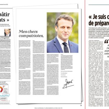 Emmanuel Macron a vu sa lettre de déclaration de candidature adressée à la presse le 3 mars publiée dans les titres de la presse quotidienne le 4 mars. Ici l'exemple du quotidien La dépêche du midi qui présente à ses 2,441 millions de lecteurs le 4 mars en vis-à-vis des articles journalistiques en page 2, une pleine mise en page publicitaire en page 3. Le quotidien France-Antilles Guadeloupe a procédé à une mise en page dans ses pages France de l'édition du 4 mars.