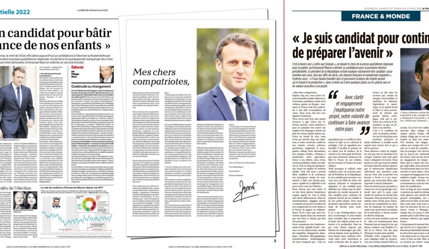 Emmanuel Macron a vu sa lettre de déclaration de candidature adressée à la presse le 3 mars publiée dans les titres de la presse quotidienne le 4 mars. Ici l'exemple du quotidien La dépêche du midi qui présente à ses 2,441 millions de lecteurs le 4 mars en vis-à-vis des articles journalistiques en page 2, une pleine mise en page publicitaire en page 3. Le quotidien France-Antilles Guadeloupe a procédé à une mise en page dans ses pages France de l'édition du 4 mars.
