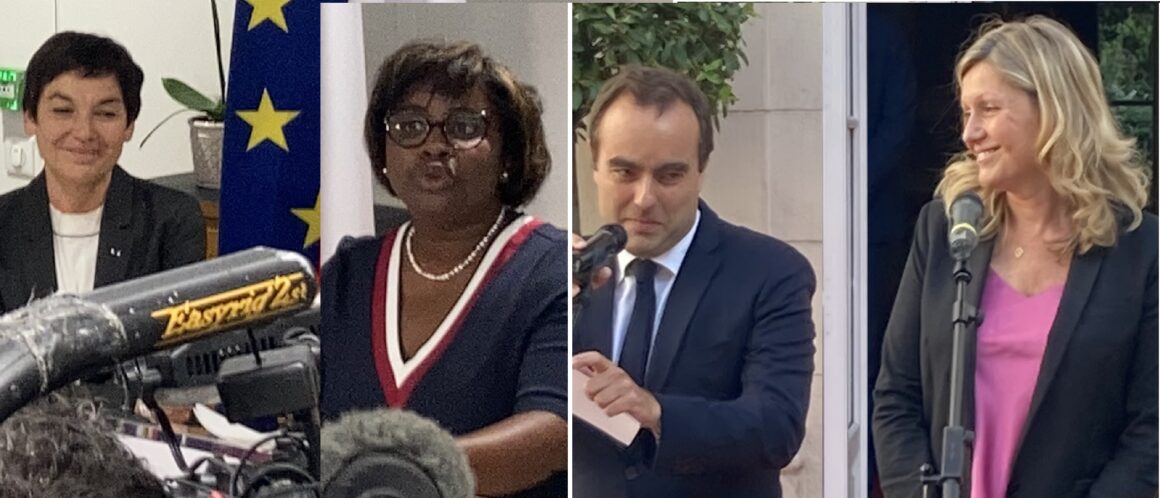 De gauche à droite Annick Girardin et Justine Bénin le 23 mai lors de leur passation de pouvoir au ministère de la Mer et Yaël Braun-Pivet et Sébastien Lecornu le 20 mai lors de leur passation de pouvoir au ministère des Outre-Mer.