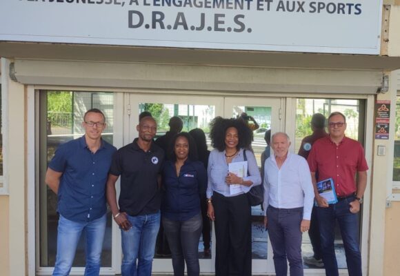 27 février 2024, préparation du passage de la flamme olympique, temps d’échanges sur le club des olympiens et paralympiens de Guadeloupe avec Laura Flessel à la Drajes. Photo : Drajes Guadeloupe