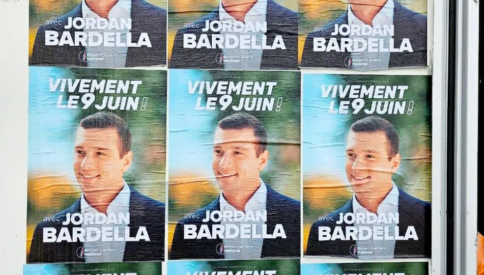 Affiche de campagne de la tête de liste du Rassemblement national, Jordan Bardella, aux élections européennes 2024