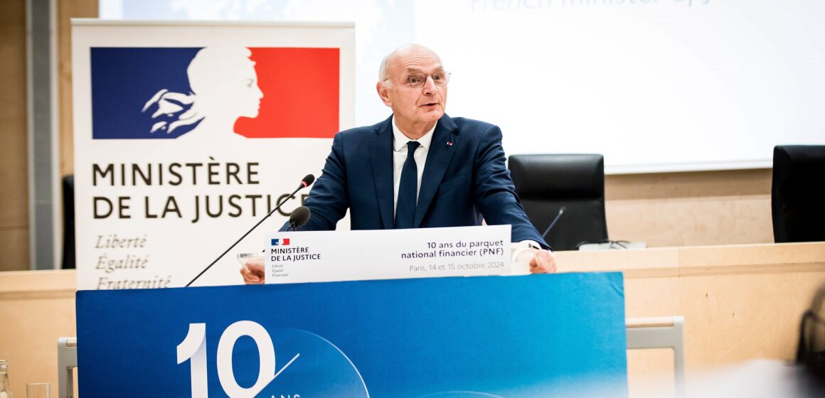 Didier Migaud, garde des Sceaux, ministre de la Justice, est venu clôturer par un discours le colloque pour les 10 ans du parquet national financier ce mardi 15 octobre 2024 à Paris. Photo : Chang Martin / Sipa