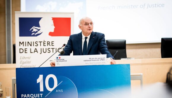 Didier Migaud, garde des Sceaux, ministre de la Justice, est venu clôturer par un discours le colloque pour les 10 ans du parquet national financier ce mardi 15 octobre 2024 à Paris. Photo : Chang Martin / Sipa