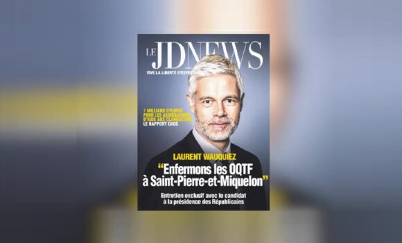 Le patron des députés Les Républicains (droites) Laurent Wauquiez fait la Une du magazine d'extrême droite JDNews ce mardi 8 avril 2025. Photo : JDNews