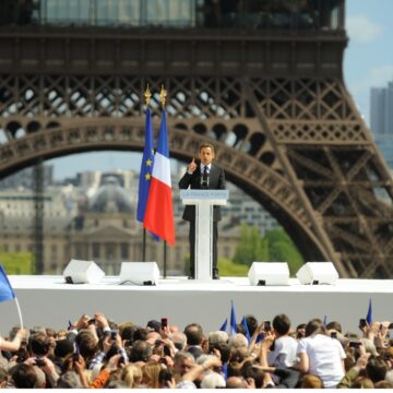 Nicolas Sarkozy le 1 mai 2012, président sortant et candidat à l'élection présidentielle de 2012, prononce un discours de campagne sur la place du Trocadéro à Paris. Photo : Witt / Sipa