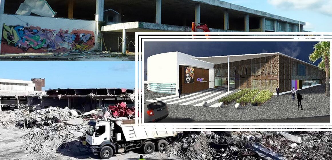 En fond, l'ancienne aérogare du Raizet détruite, dont le site doit accueillir le futur pôle technique de Cap excellence dont la vue de la maquette du projet est au centre. Photomontage : LCG En fond, l'ancienne aérogare du Raizet détruite, dont le site doit accueillir le futur pôle technique de Cap excellence dont la vue de la maquette du projet est au centre. Photomontage : LCG