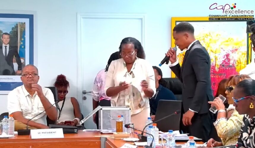 Jeudi 16 avril, les élus communautaires de Cap excellence se sont réunis en séance d'installation. Éric Jalton, maire des Abymes, a été reconduit à la tête de l'intercommunalité. Photo : capture écran vidéo Cap excellence.