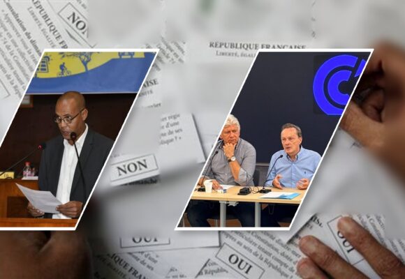 Photomontage : A gauche Christophe Wachter président du Ceser de Guadeloupe, à droite Victor Venutolo président de la CPME Guadeloupe et Bruno Blandin président du Medef Guadeloupe. Sur fond de bulletin de vote à un référendum.
