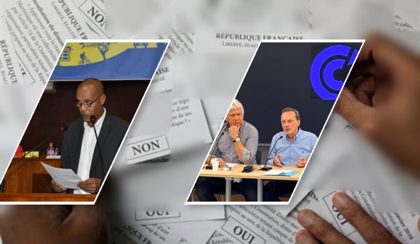 Photomontage : A gauche Christophe Wachter président du Ceser de Guadeloupe, à droite Victor Venutolo président de la CPME Guadeloupe et Bruno Blandin président du Medef Guadeloupe. Sur fond de bulletin de vote à un référendum.
