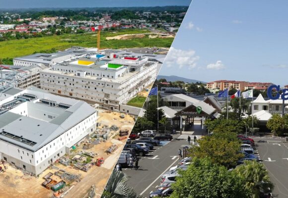 Photomontage : Chantier du nouveau CHU de la Guadeloupe et parking du plus grand centre commercial de l’archipel.