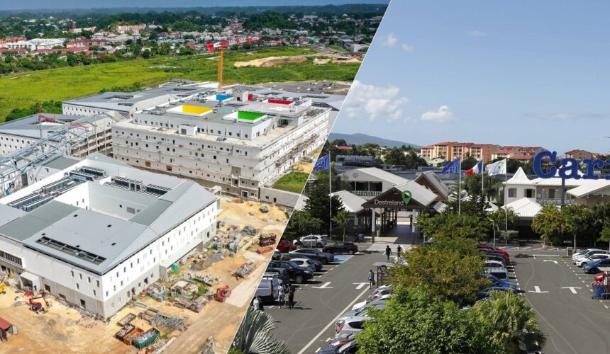 Photomontage : Chantier du nouveau CHU de la Guadeloupe et parking du plus grand centre commercial de l’archipel.