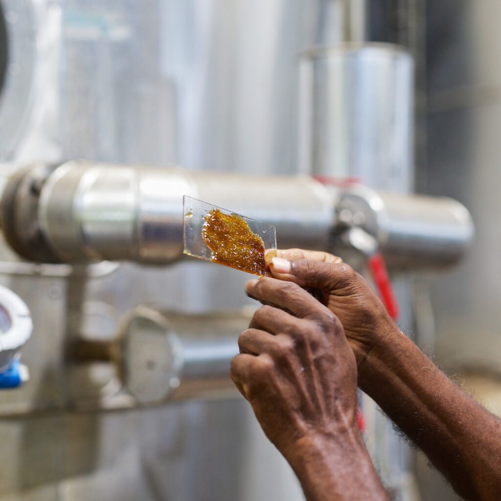 Contrôle de la cristallisation lors de la fabrication du sucre bio à l'usine Gardel qui mise sur les sucres de qualité pour compenser un cours mondial qui a chuté de 50 % en deux ans. Photo : Gardel