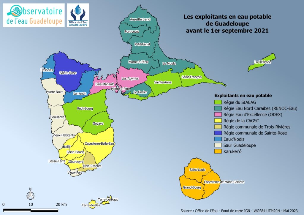 Les exploitants en eau potable de Guadeloupe avant le 1er septembre 2021. Carte : Office de l'eau de Guadeloupe.